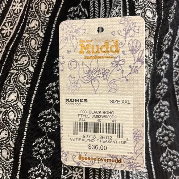 Mudd Black And White Boho SS Tie Keyhole Peasant Blouse Top Size XXL - Picture 4 of 4